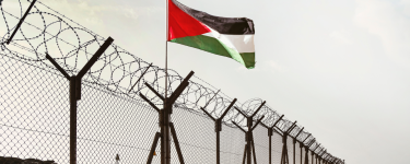 Palestinian flag behind barbed wire